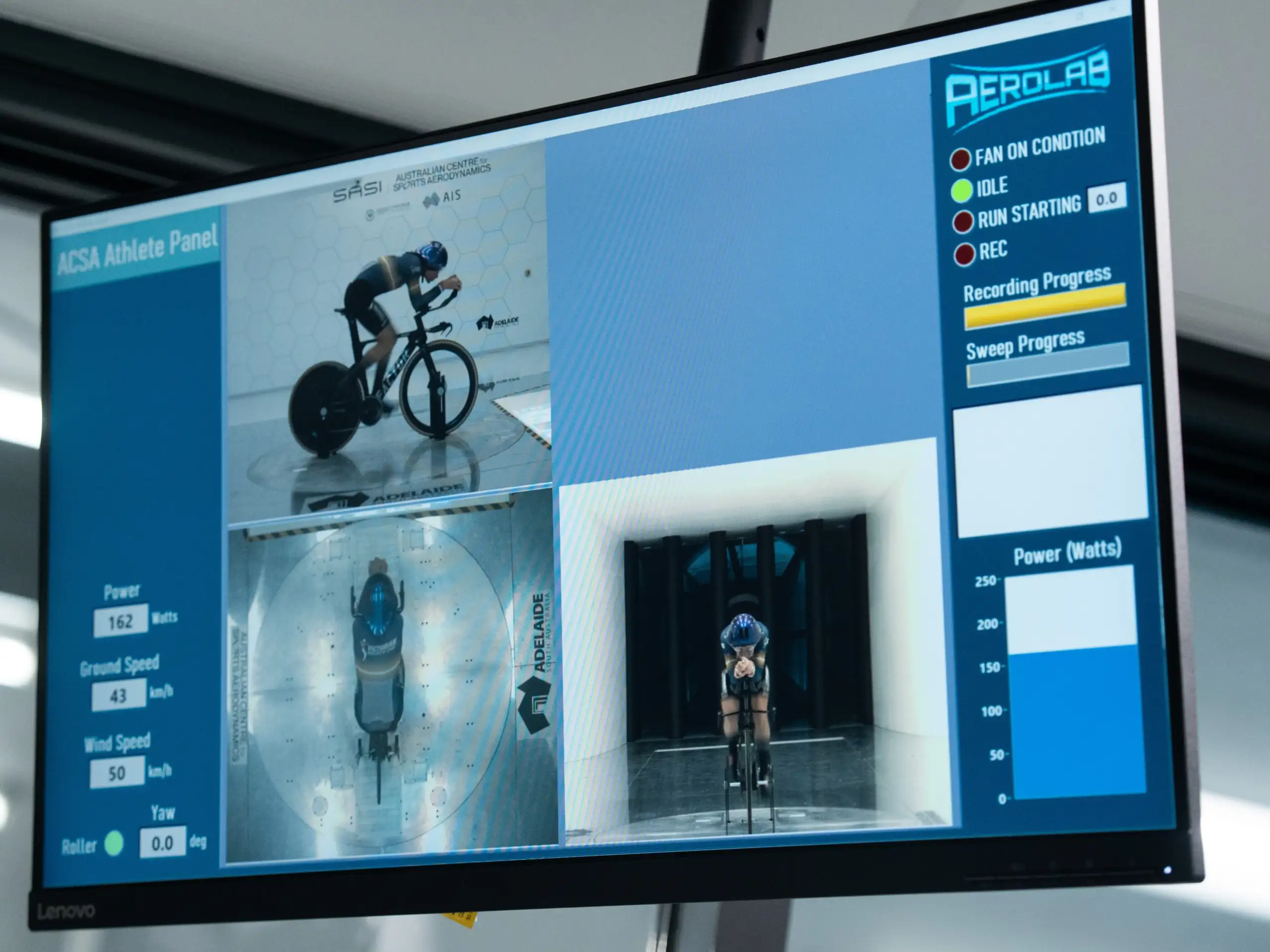A photo of a TV screen depicting data of a cycling wind tunnel.