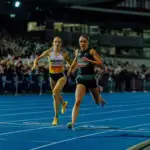 Two female athletes are running across the finish line on a blue athletics track. A large crowd is in the background and they're in action for a close finish.