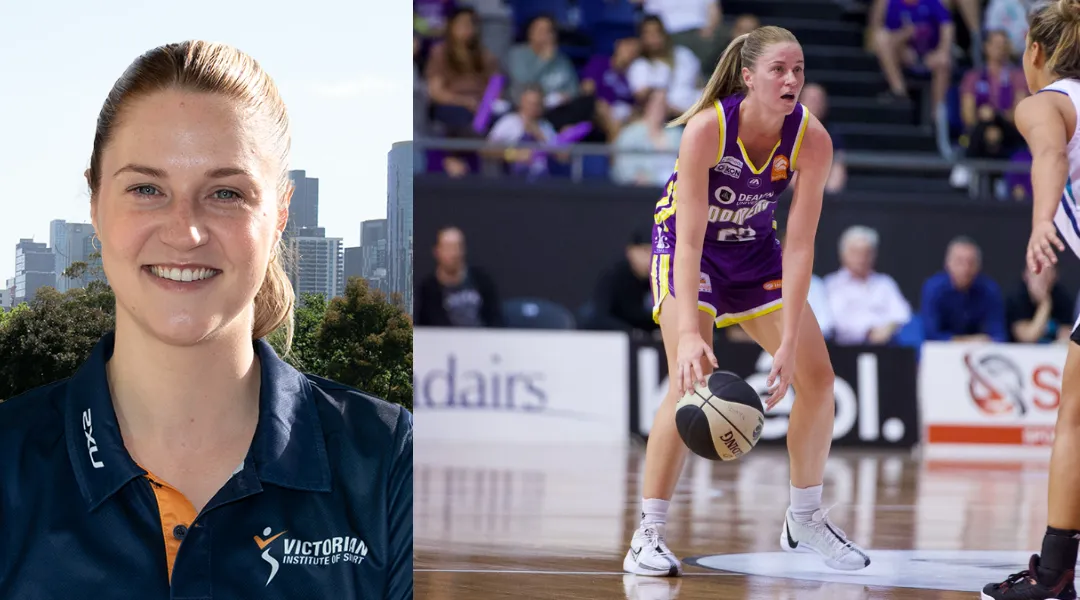 Two images sit side-by-side. On the left is a womens headshot. She has blonde hair tied back and wears a navy polo with Victorian Institute of Sport branding. A cityscape can be seen behind her. On the right is the same woman in action on a basketball court, a basketball is bouncing on the ground, she wears a purple singlet and shorts and a crowd can be seen sitting in stands in the background.