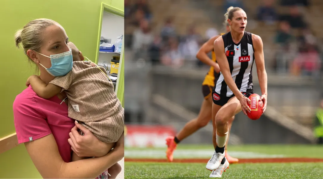 Two images sit side-by-side. The one on the left is of a blonde woman wearing a face mask and pink scrubs, holding a baby on her chest. The image on the right is the same women playing AFLW, she holds a red football in her hands and wears black and white football uniform whilst running.