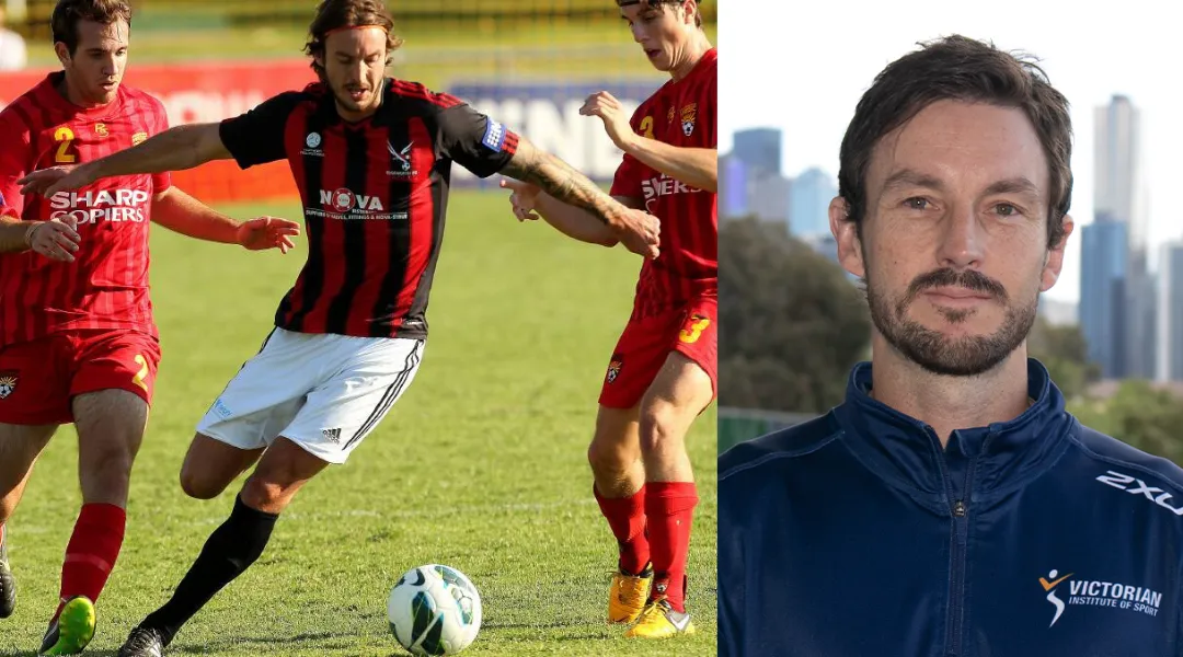 Two images sit side-by-side. On the left is a tall male athlete with short brown hair in action kicking a soccer ball. He wears white shorts and black and red striped top. He has his arm out to protect the ball from two defending athletes wearing red. They are on a green soccer pitch. On the right is the same athlete's headshot, wearing navy blue Victorian Institute of Sport polo with a blurred cityscape in the background.