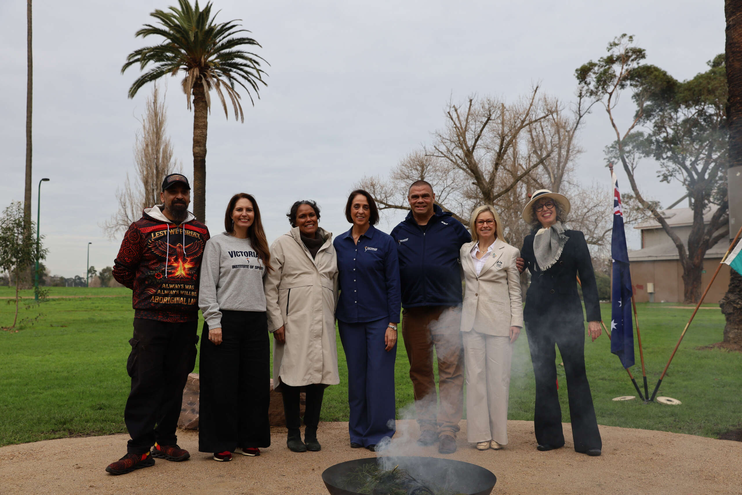 (L-R) Uncle Mark Brown, Bunurong Elder. Dr Lauren Burns OLY, VIS Chair, Catherine Freeman AC, Nicole Livingstone AO, Kyle Vander-Kuyp, Alissa Camplin-Warner AM, Nina Taylor MP_result