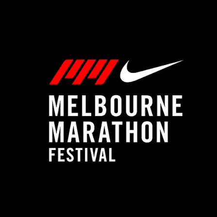 Melbourne Marathon Festival logo with red icon, white Nike swoosh, and white text on a black background.